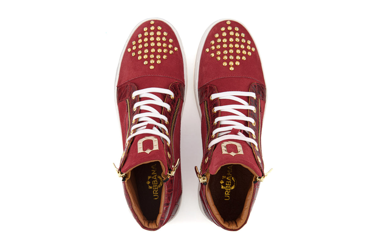 URBBANA red suede high-top shoes.