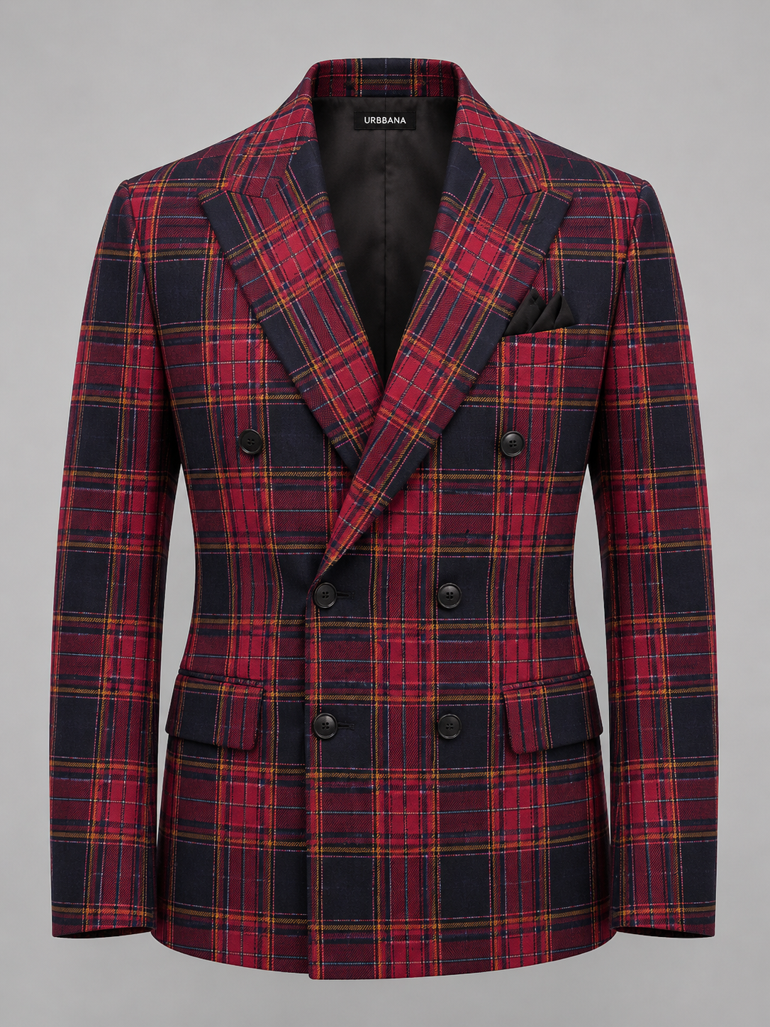 Scotland double-breasted blazer in a navy and red tartan check.