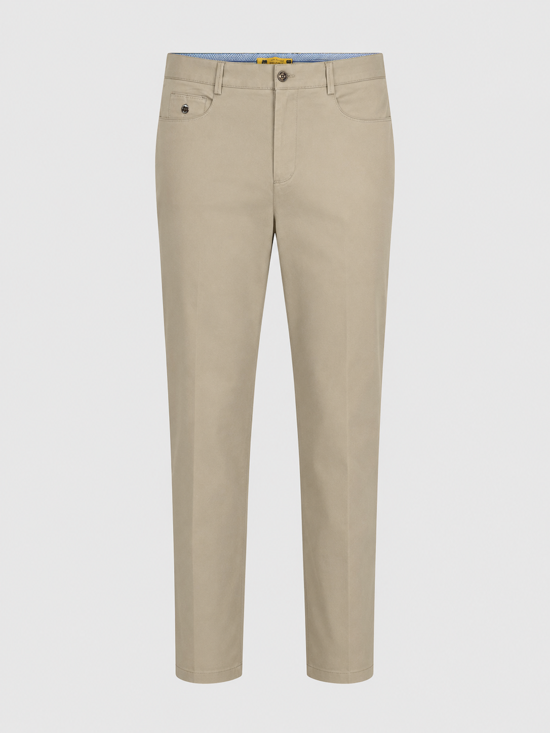 Tamborine brownish-beige slim-fit chinos shown from the front.