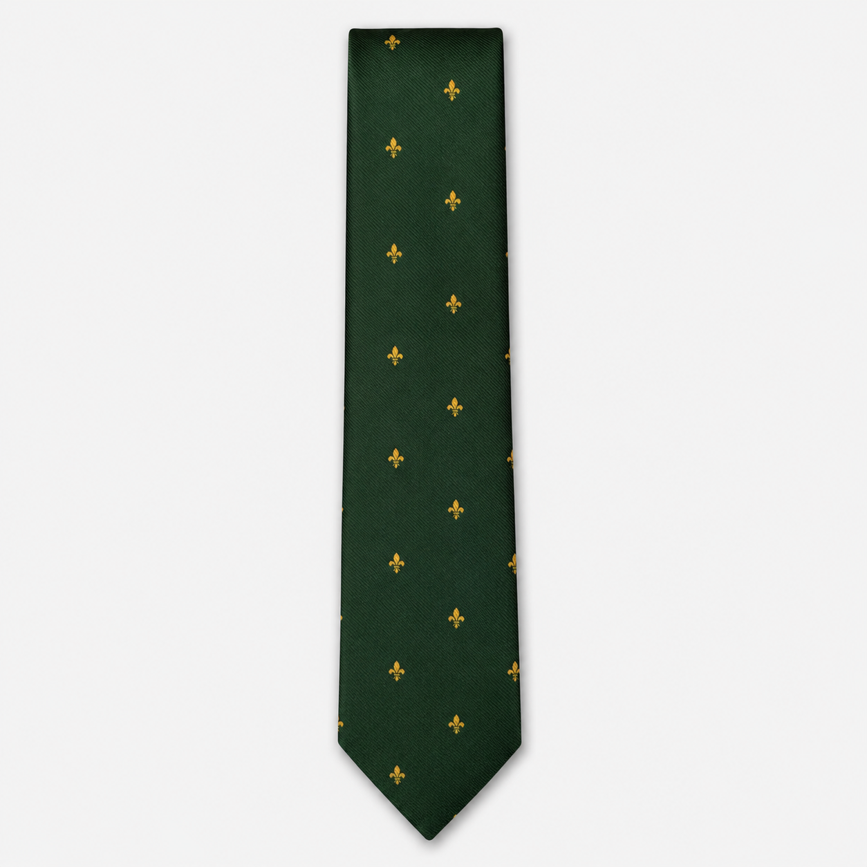 The Varese Tie – forest green and gold fleur-de-lis silk tie on a light grey background