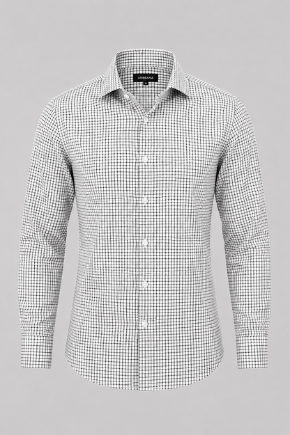 Grey Warhol check shirt with a fine geometric pattern, shown from the front.