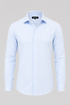 Light blue Warhol shirt with fine white vertical stripes, shown from the front.