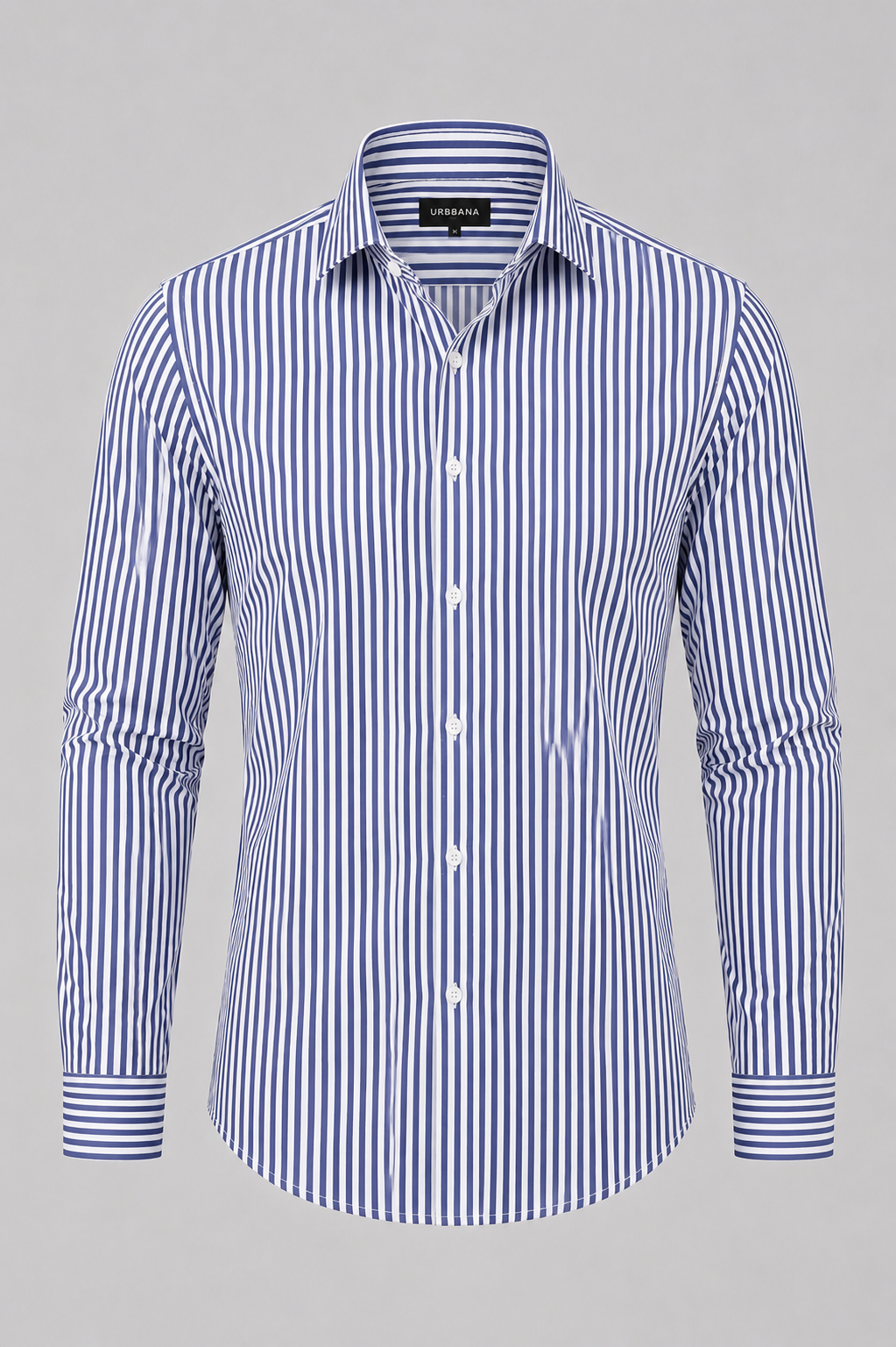 Navy Warhol shirt with narrow white vertical stripes, shown from the front.