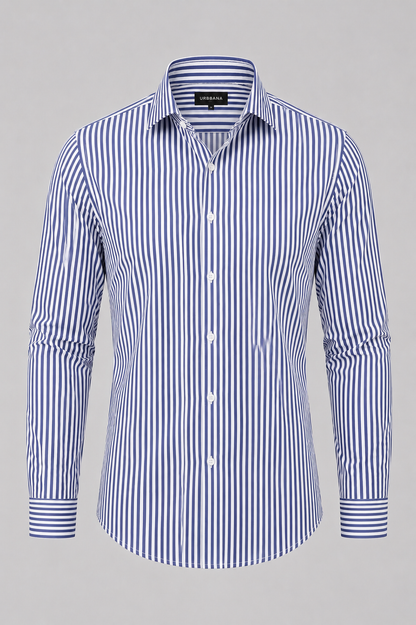 Navy Warhol shirt with narrow white vertical stripes, shown from the front.