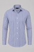 Navy Warhol shirt with narrow white vertical stripes, shown from the front.