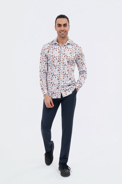 Male model wearing a white multicolour abstract-print shirt with black trousers.