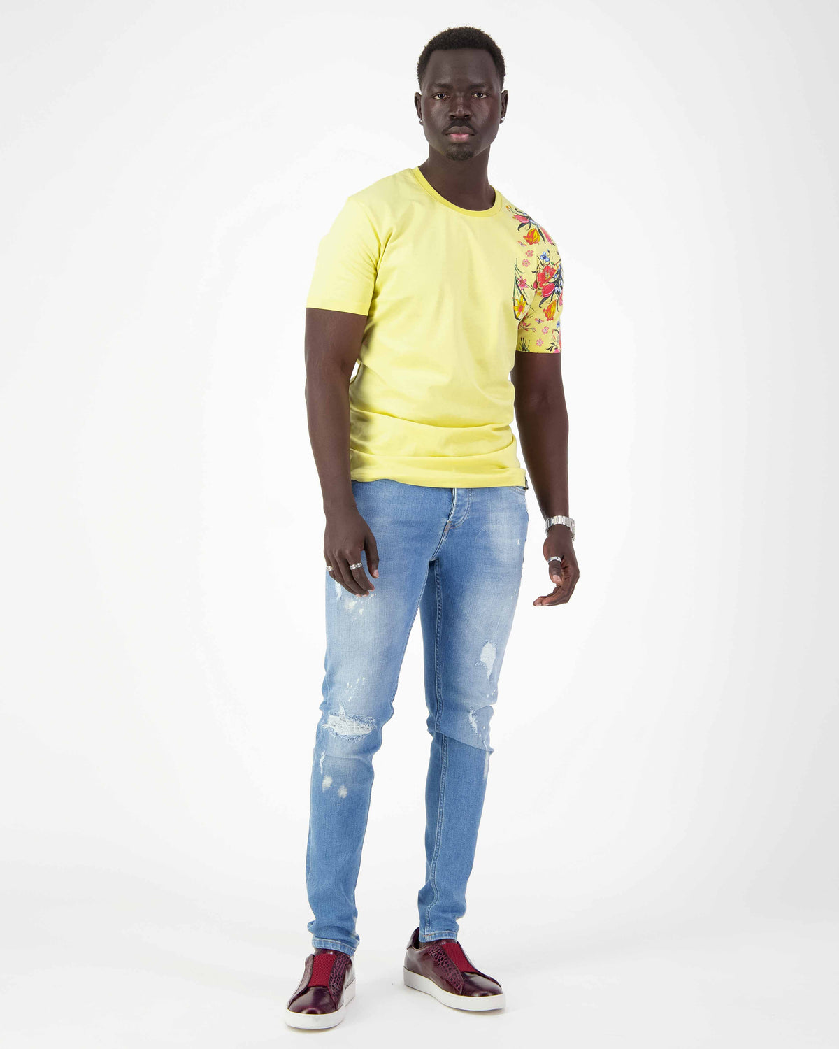 URBBANA yellow cotton T-shirt with floral shoulder print.