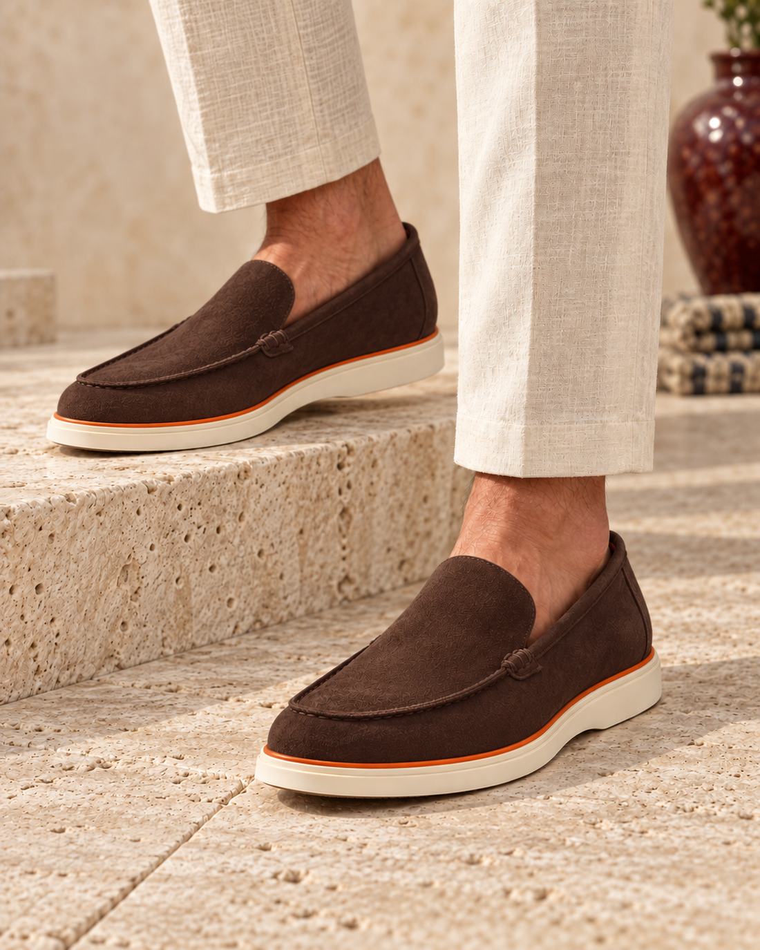 Venetian Casual Loafer Brown – model-worn close-up with ivory soles and orange trim