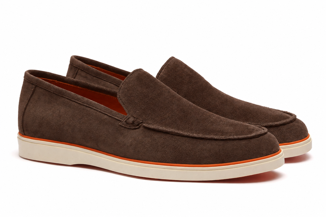 Venetian Casual Loafer Brown – angled studio pair with ivory soles and orange trim