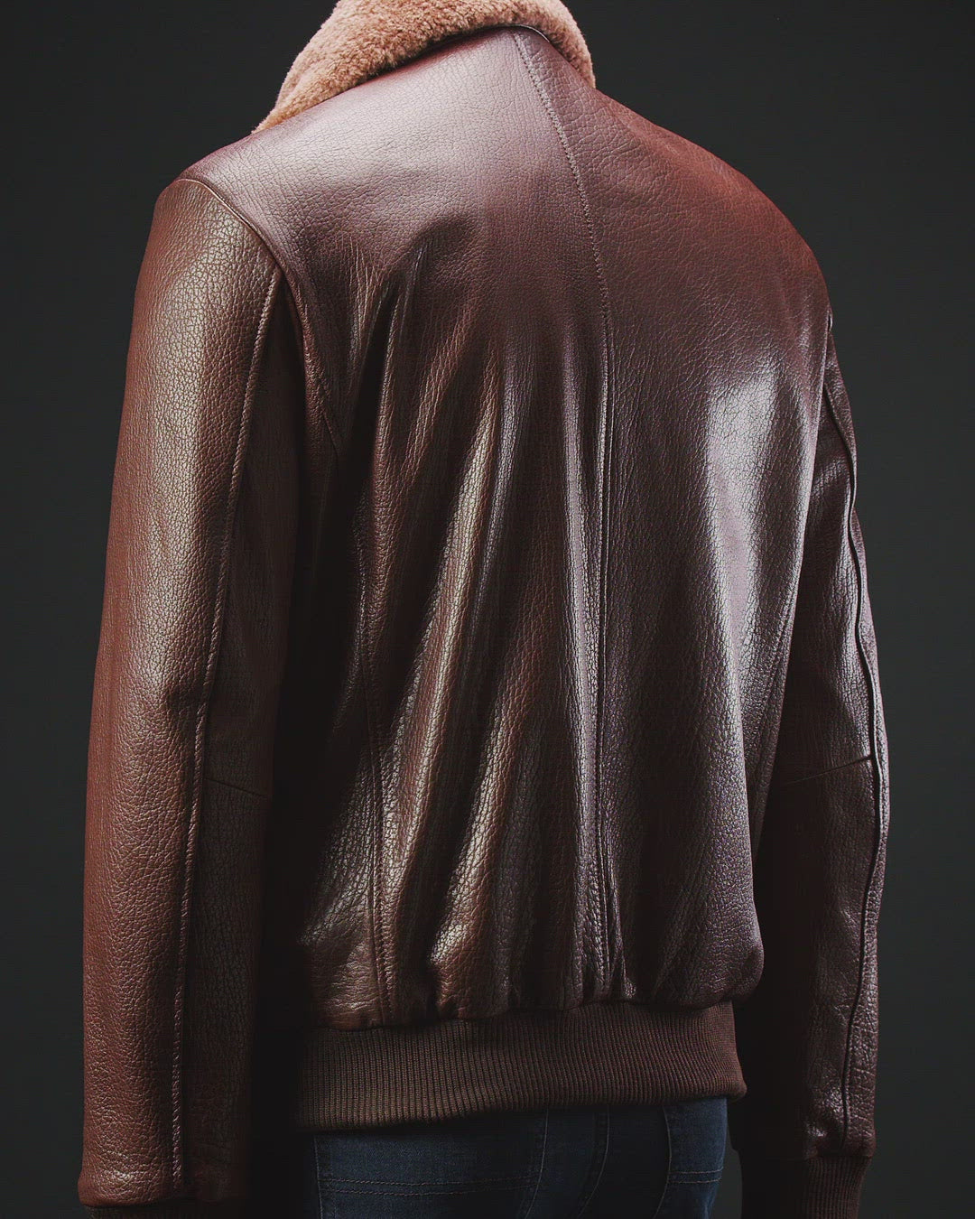 Shearling Collar Leather Jacket - Brown