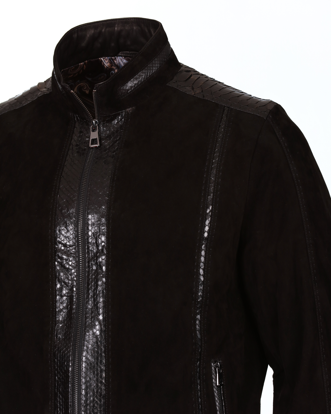 Lambskin Leather Jacket - Black Suede &amp; Snake - Leather Jacket by Urbbana