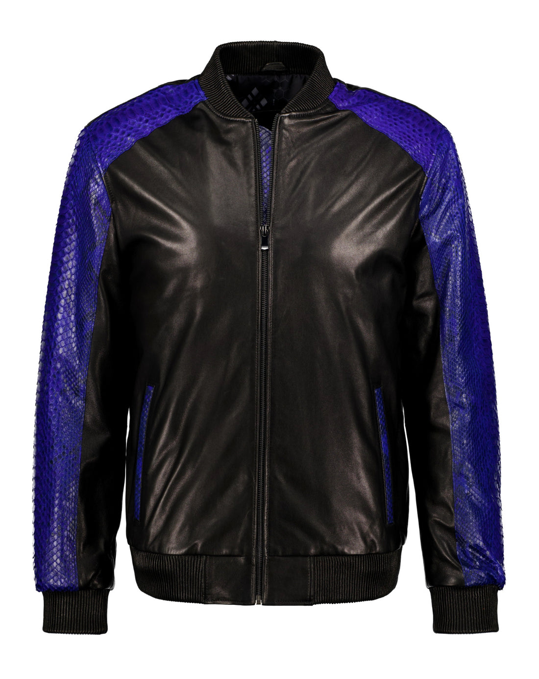 Python and Lambskin Leather Jacket - Blue/Black - Leather Jacket by Urbbana