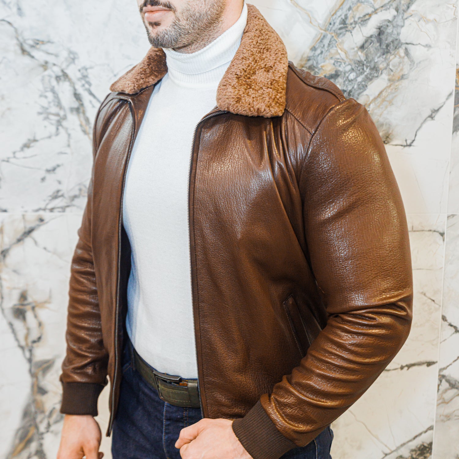 Shearling Collar Leather Jacket - Brown - Leather Jacket by Urbbana
