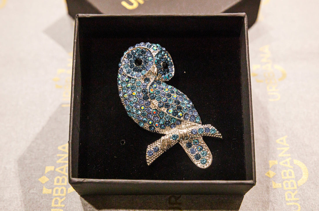 Embellished Owl Lapel Pin - Blue - Lapel Pin by Urbbana