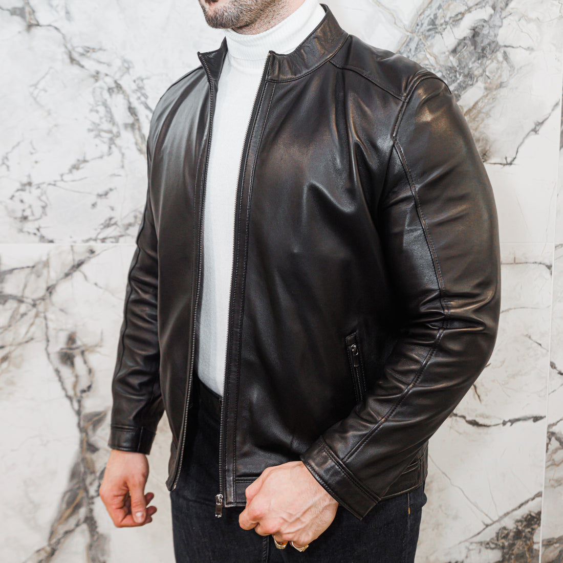 Lambskin Leather Biker Jacket - Black - Leather Jacket by Urbbana