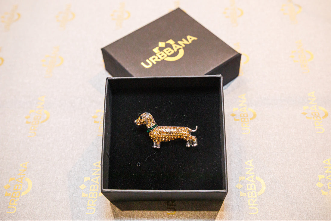 Embellished Dachshund Lapel Pin - Brown and Green - Lapel Pin by Urbbana