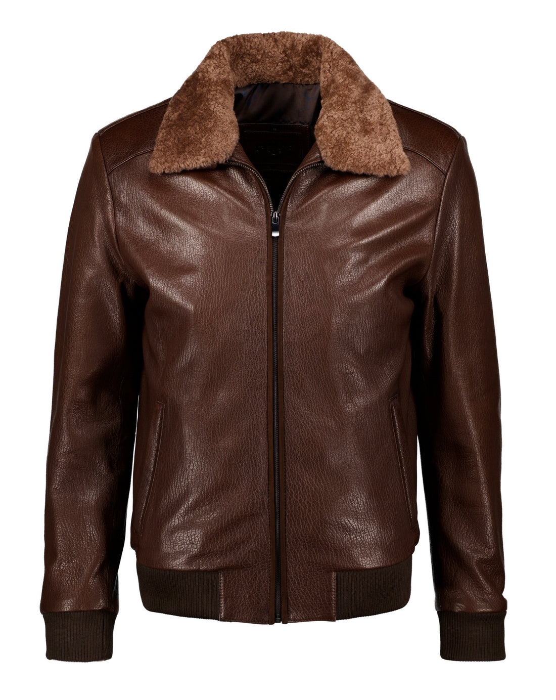 Shearling Collar Leather Jacket - Brown - Leather Jacket by Urbbana