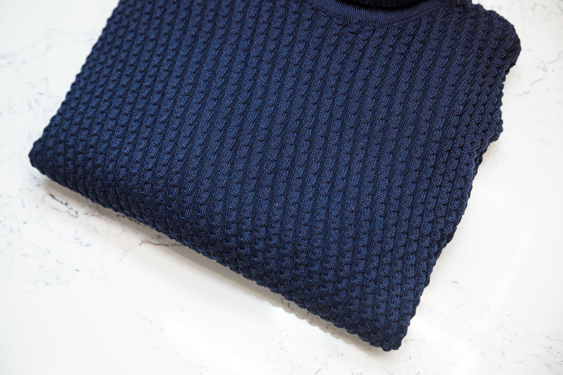 Textured Knit Turtleneck Sweater -  Navy - Sweater by Urbbana