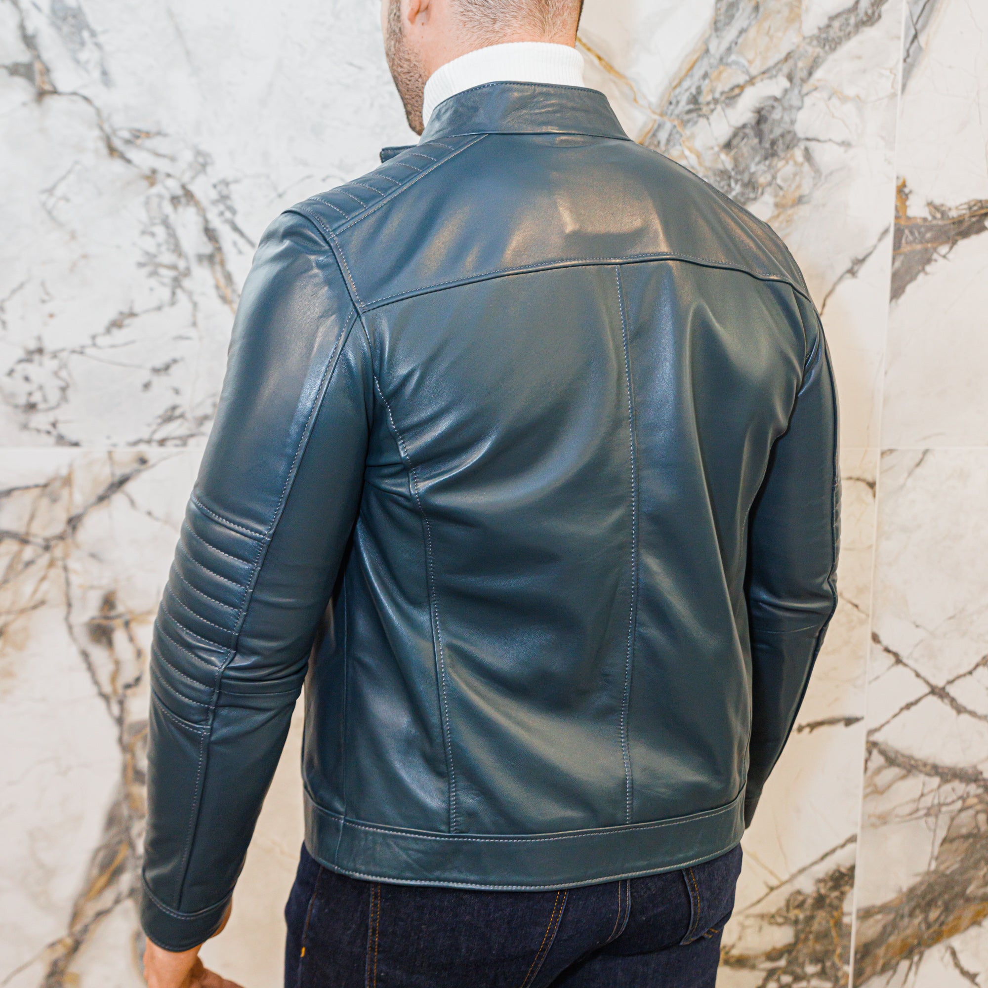 Lambskin Leather Jacket - Teal Blue - Leather Jacket by Urbbana