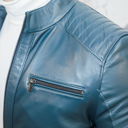Lambskin Leather Jacket - Teal Blue - Leather Jacket by Urbbana