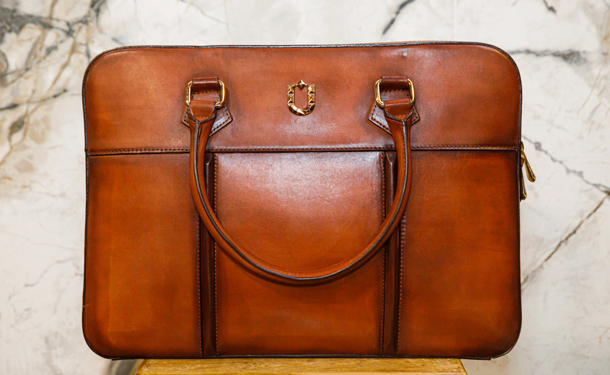 Cognac Patina Briefcase - URBBANA Luxury Bag Collection